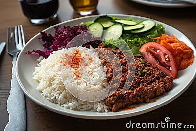 Delicious plate of traditional Turkish cuisine, including juicy kebap doner, fluffy rice, and fresh salad. Ai generated Stock Photo