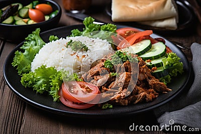 Delicious plate of traditional Turkish cuisine, including juicy kebap doner, fluffy rice, and fresh salad. Ai generated Stock Photo