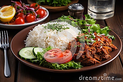 Delicious plate of traditional Turkish cuisine, including juicy kebap doner, fluffy rice, and fresh salad. Ai generated Stock Photo