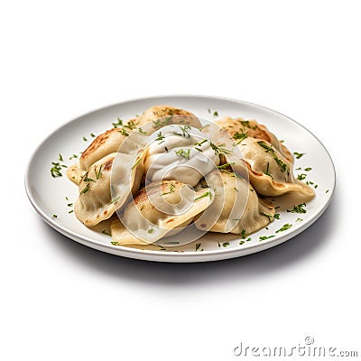 Delicious Polish Pierogi with Sour Cream on a Plate. Stock Photo