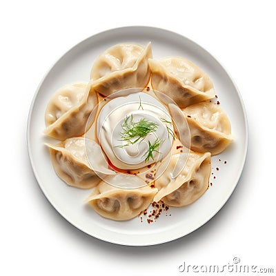 Delicious Polish Pierogi with Sour Cream on a Plate. Stock Photo