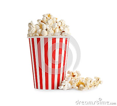 Delicious popcorn in paper cup isolated on white Stock Photo
