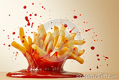 Delicious potato fries falling into splashing tomato ketchup, cut out. Close up of falling down fries with splash ketchup in Stock Photo