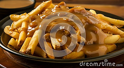 Delicious poutine with gravy and cheese curds on a plate Stock Photo