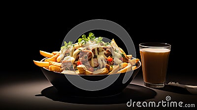 Delicious Poutine Meal: Fries, Gravy, And Cheese Curds In A Dark Grey Bowl Stock Photo