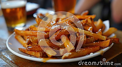 Delicious poutine on a plate with a pint of beer in the background Stock Photo