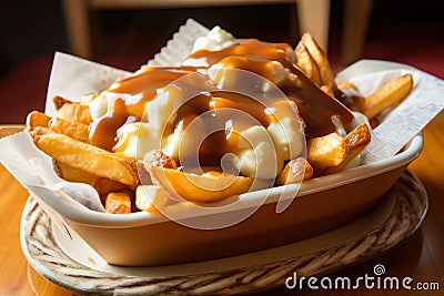 Delicious Poutine topped with fresh cheese curds, gravy, and crispy fries, served in a vintage red basket Stock Photo