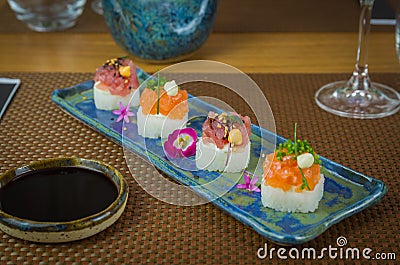 Delicious premium salmon and tuna Oshizushi sushi Batera sushi Stock Photo