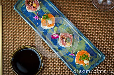 Delicious premium salmon and tuna Oshizushi sushi Batera sushi Stock Photo