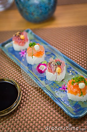 Delicious premium salmon and tuna Oshizushi sushi Batera sushi Stock Photo