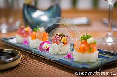 Delicious premium tuna oshizushi Batera sushi on focus Stock Photo