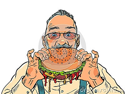 Delicious quality fast food. Delivery of hot and appetizing food. An adult man with a beard and glasses takes a bite of Stock Photo