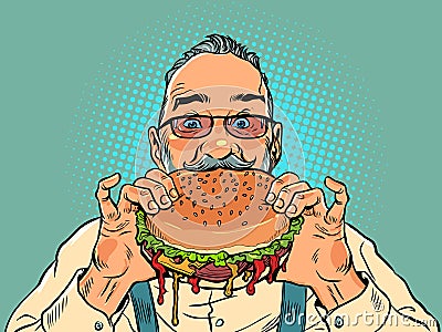 Delicious quality fast food. Delivery of hot and appetizing food. An adult man with a beard and glasses takes a bite of Vector Illustration