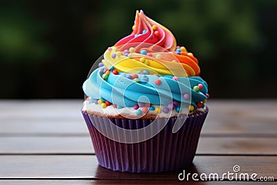 Delicious rainbow colored cupcake decorated with frosting and candy drops Stock Photo