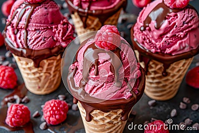 Delicious Raspberry Ice Cream Cones Drizzled with Chocolate Sauce Surrounded by Berries and Cocoa Nibs Stock Photo