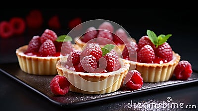 Delicious raspberry mini tarts (tartlets) with whipped cream on dark background. Generative AI Stock Photo