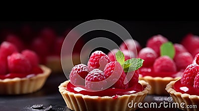 Delicious raspberry mini tarts (tartlets) with whipped cream on dark background. Generative AI Stock Photo