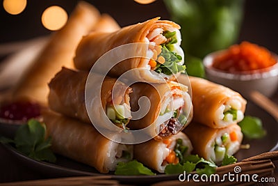 delicious ready to eat asian spring rolls in a dish over a dark wooden table, editorial style Stock Photo