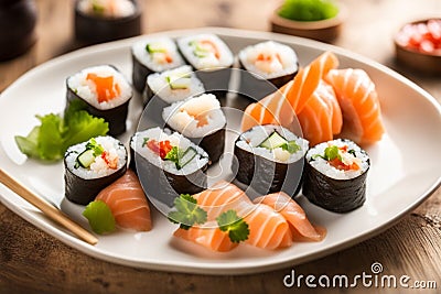 delicious ready to eat sushi rolls in a dish over a dark wooden table, editorial style Stock Photo