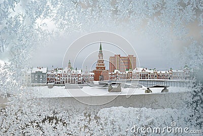 Orthodox Church building view from the snow-covered window Stock Photo