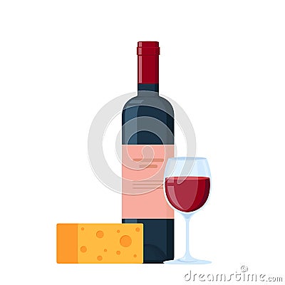 Delicious Red Wine with traditional cheese. Full wine glass, bottle of wine. Flat Vector Illustration Stock Photo