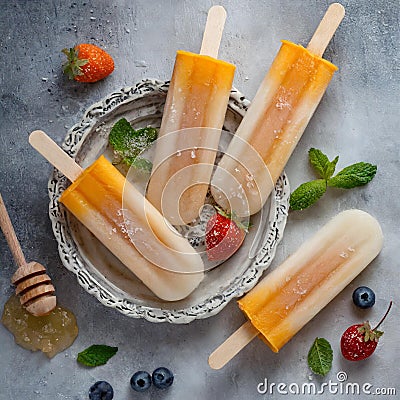 Delicious refreshing homemade popsicles made with fresh fruit juice viewed from above Stock Photo