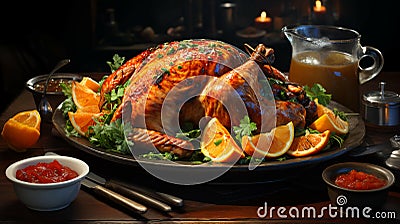 Delicious roasted holiday turkey baked in the oven with oranges or grilled Stock Photo