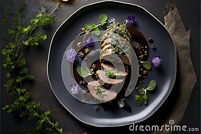 Delicious roasted pork tenderloin with prune stuffing. Ai generated art Stock Photo