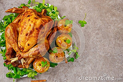 Delicious roasted Thanksgiving turkey garnished with caramel apples Stock Photo