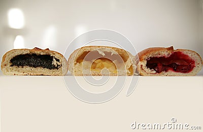 Delicious Russian traditional Three pies insides with different fillings Stock Photo