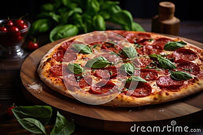 Delicious Rustic Pizza with Pepperoni and Basil on Wooden Table AI Generated Cartoon Illustration