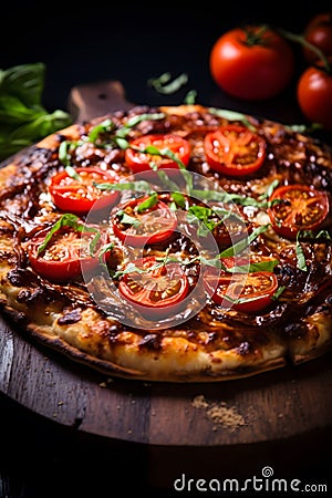Delicious rustic traditional Italian pizza with cherry tomatoes Stock Photo
