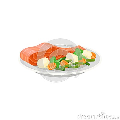 Delicious salmon fish with fresh vegetables on ceramic plate. Healthy meal. Tasty dish for dinner. Flat vector icon Vector Illustration