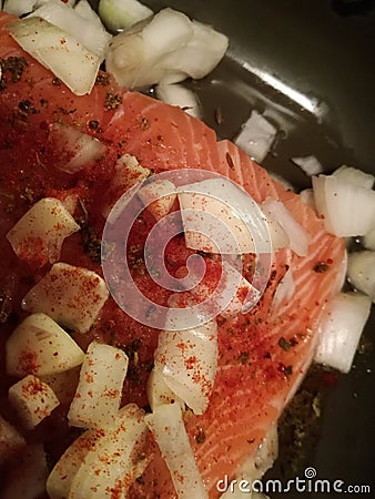 Delicious salmon with onion Stock Photo