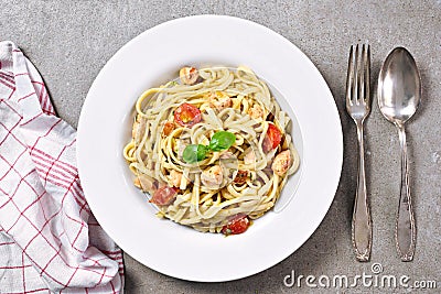 Delicious salmon pasta dish, tagliatelle or linguine noodles Stock Photo