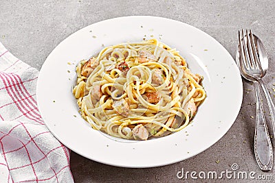 Delicious salmon pasta dish, tagliatelle or linguine noodles Stock Photo