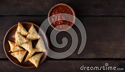 Delicious Samosas on Plate with Sauce and Wooden Background, Copy Space Stock Photo