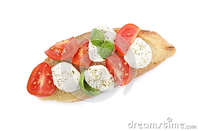 Delicious sandwich with mozzarella, fresh tomatoes and basil isolated on white, top view Stock Photo