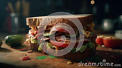 A delicious sandwich on a wooden table Stock Photo