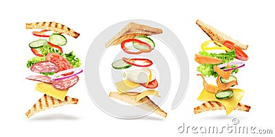 Delicious sandwiches with flying ingredients on white background, collage. Banner design Stock Photo