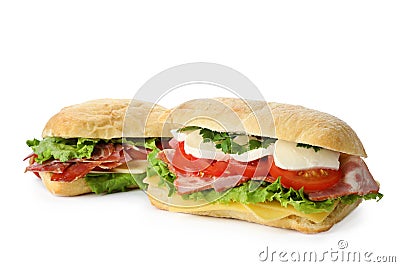 Delicious sandwiches with fresh vegetables isolated on white Stock Photo