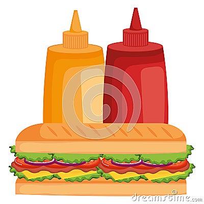 delicious sandwish with sauces bottles Cartoon Illustration