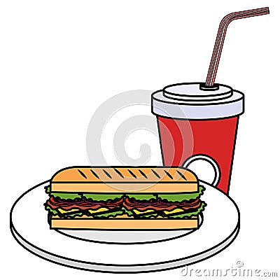 delicious sandwish and soda Cartoon Illustration