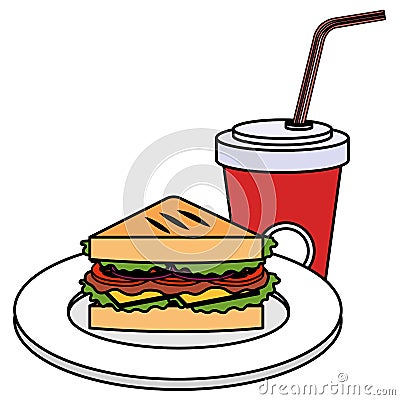 delicious sandwish and soda Cartoon Illustration