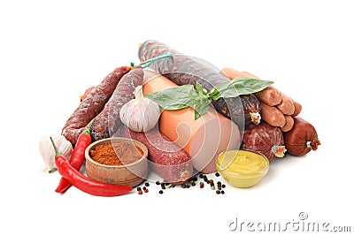 Delicious sausages and spices isolated on white Stock Photo