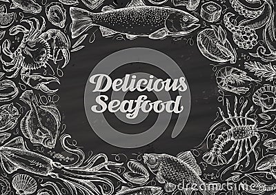 Delicious seafood. hand drawn food on chalkboard. template design menu restaurant, cafe Stock Photo