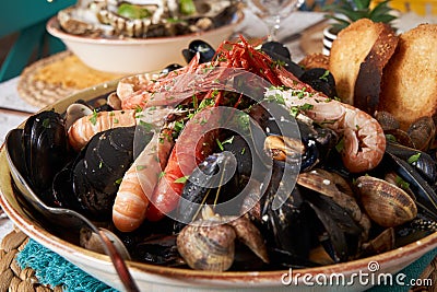 Delicious seafood mussels with shrimp and toast. Clams in the shells.Front view. Food concept Stock Photo