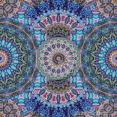 Delicious seamless pattern with multi-colored mandalas in ethnic style. Print for fabric in sapphire, emerald, raspberry and brown Stock Photo