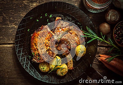 Delicious seasoned pan fried pork cutlets Stock Photo