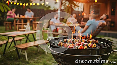 Delicious shashlik skewers with meat and vegetables on a charcoal grill outdoors Stock Photo